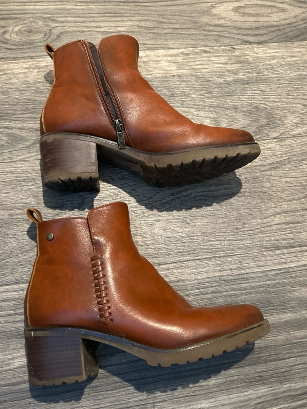 Women's Cognac Leather Ankle Booties with Block Heel
